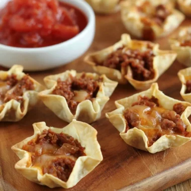 Delicious tortilla nacho cups filled with toppings, ready to be enjoyed.