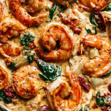 Delicious Tuscan Shrimp with Spinach, Artichokes, and Sun-Dried Tomatoes served on a plate