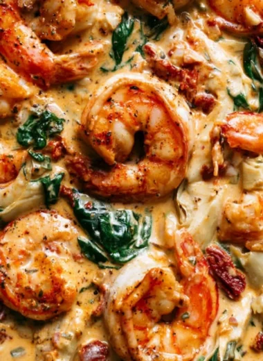 Delicious Tuscan Shrimp with Spinach, Artichokes, and Sun-Dried Tomatoes served on a plate