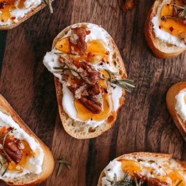 Delicious whipped feta crostini drizzled with hot honey served on a rustic platter.
